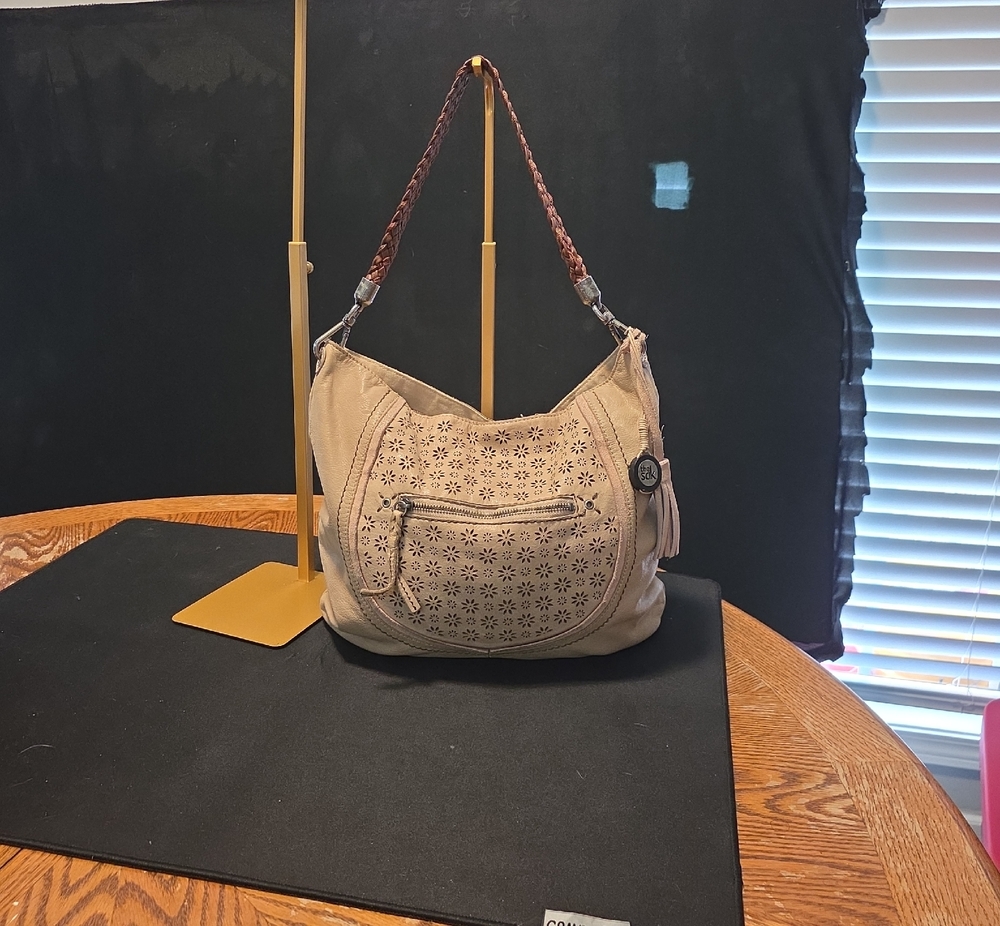 The Sak Taupe Floral Laser-Cut Hobo with Braided Strap